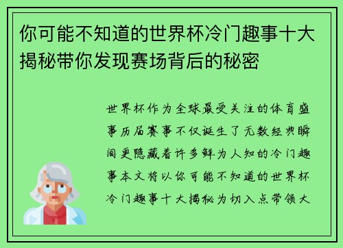 你可能不知道的世界杯冷门趣事十大揭秘带你发现赛场背后的秘密